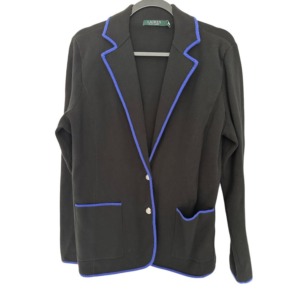 EUC Lauren Ralph Lauren Knit Black Blazer Blue Trim Silver Buttons Sz Large